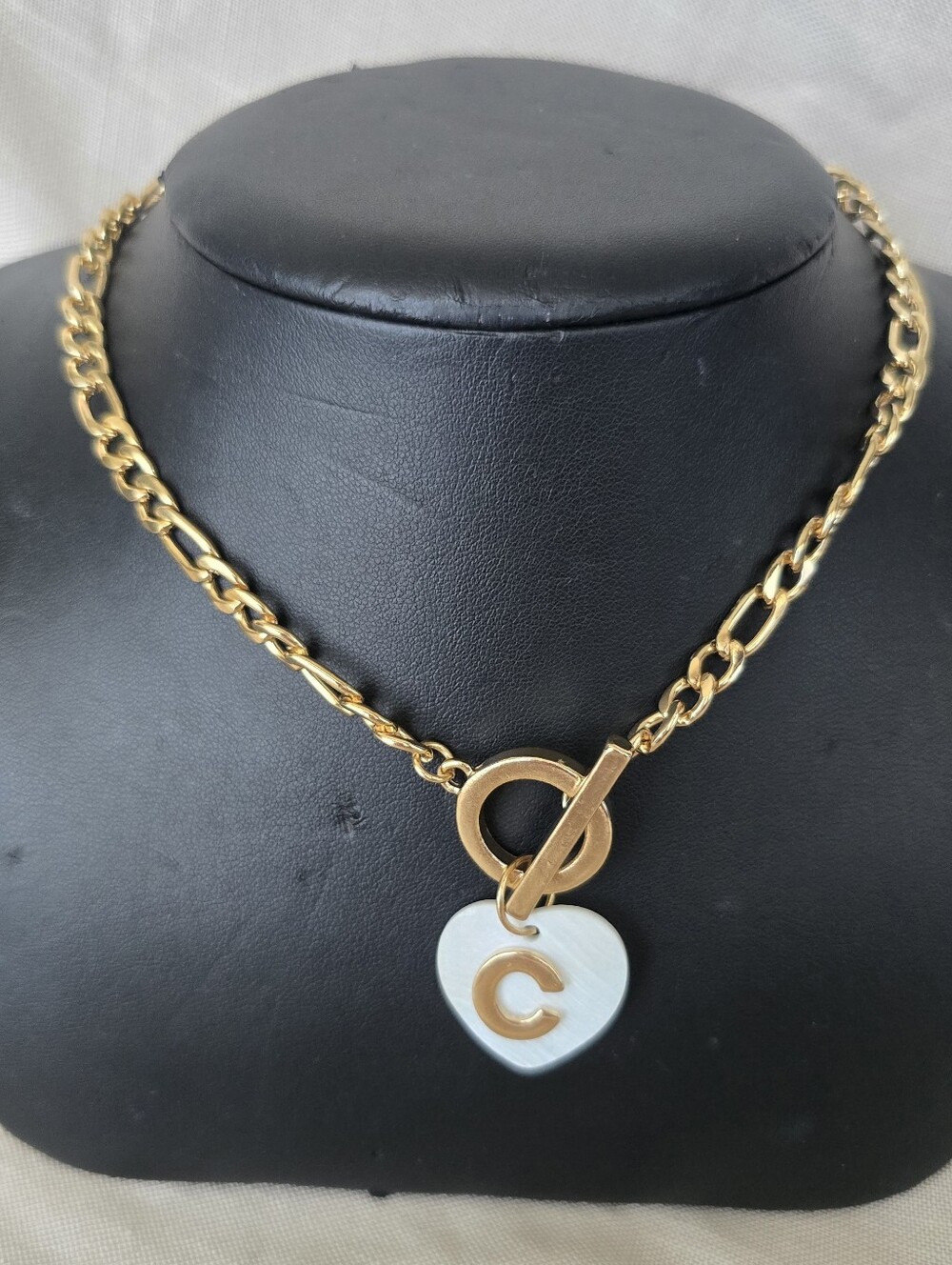 Gold Chain Toggle Necklace with White Heart Pendant With The  Letter C